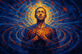 a man with his hands together in front of a colorful background