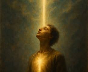 a man with his eyes closed and a light beam above his head