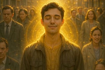 한 사람의 내면 변화로 인해 삭막했던 도시 거리가 따뜻하고 조화로운 풍경으로 변하는 몽환적인 모습.
